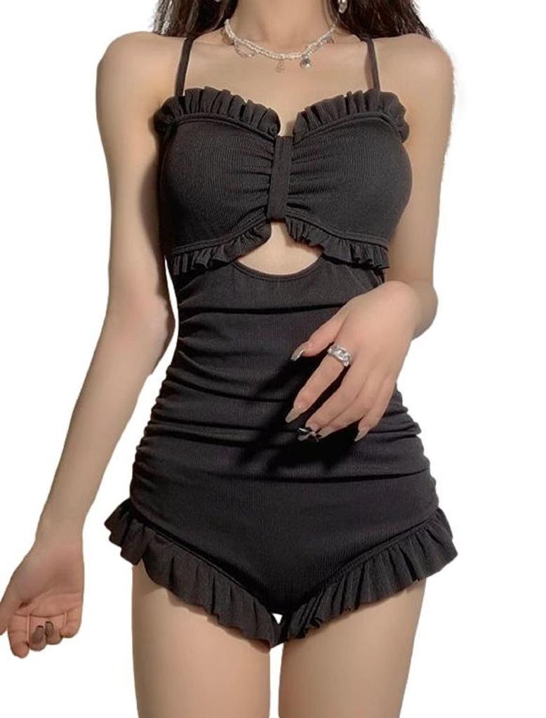 Style Swimsuit Frill One Piece Body Cover Sexy Arena Swimwear for Women [1/2style] 2/2 One-Piece All-in-One (Black, S)