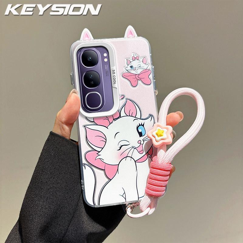 KEYSION Capa de Desenho Animado de Orelha Fofa para VIVO Y19S 4G com Cordão Silicone Macio+PC à Prova de Choque Capa Traseira para Celular para VIVO Y19S Pro