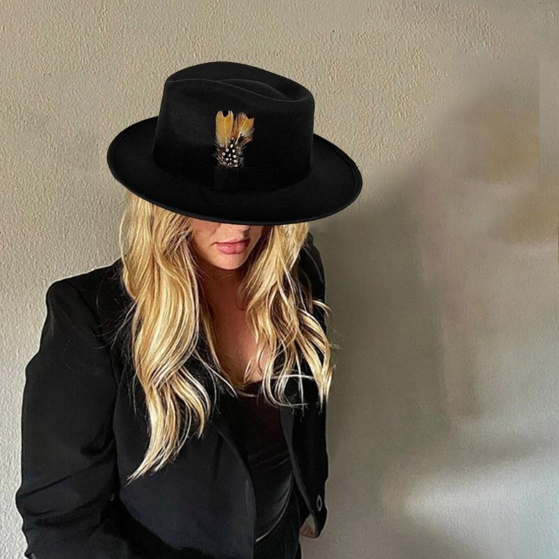 Black Fedora Hat for Men Women Party Hat with Feather Cosplay Costume Flat Top Hat Hippies Cap Stage Performances Props