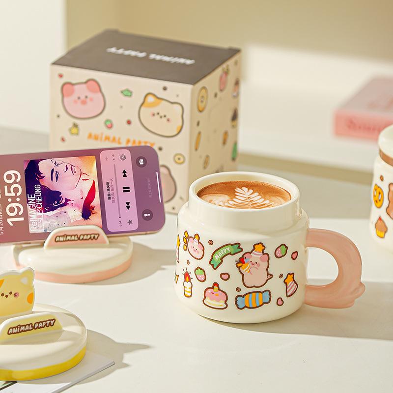 Cute Cartoon Cute Pet Doodle Animal Mug Office High value Water Cup Mobile Phone Stand Student Ceramic Cup