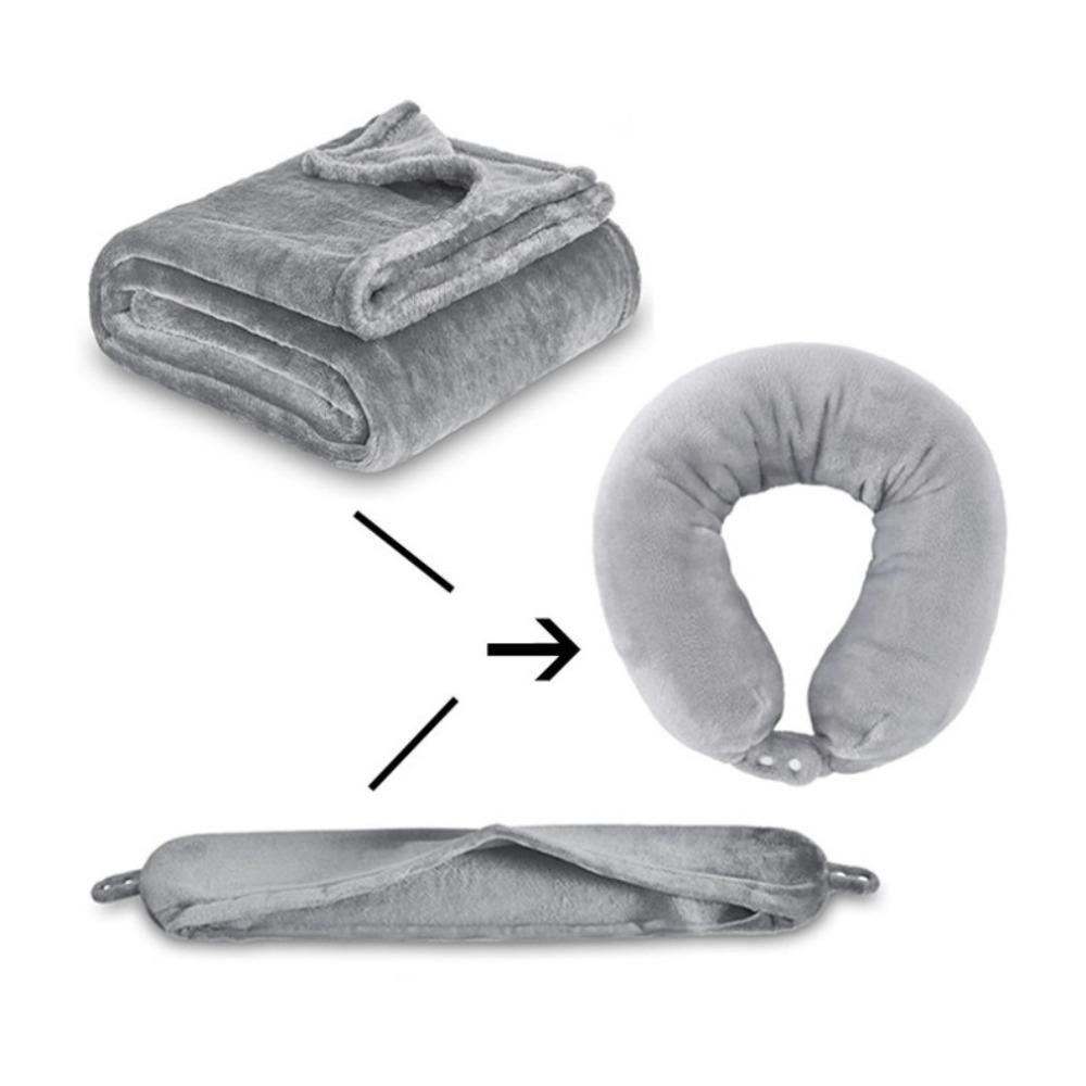 2 in 1 U-shaped Pillow and Blanket Flannel Space-saving Travel Pillow and Blanket Set Folding Solid Color Throw Blanket