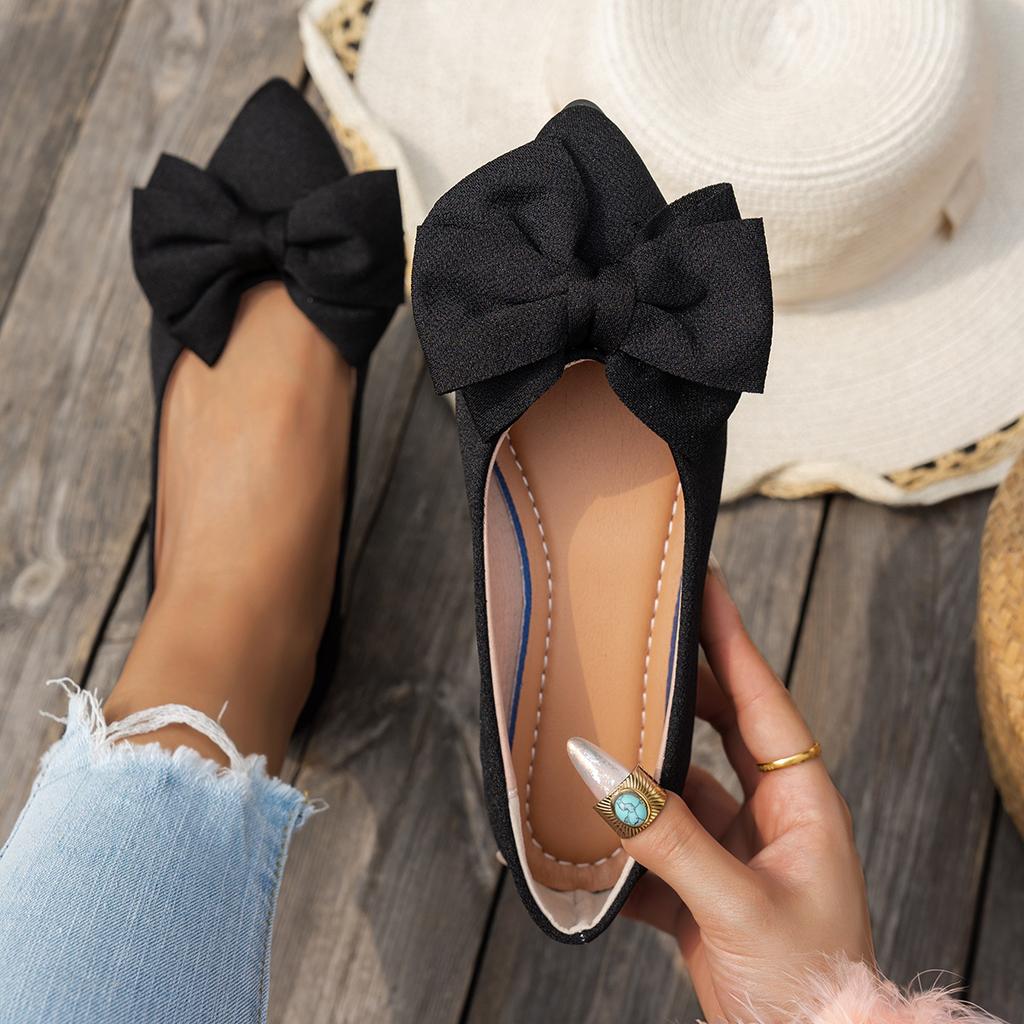 Large-sized Pointed-toe Flat Shoes, Women's Bean-shaped Shoes with Bows, Casual Shoes for Women