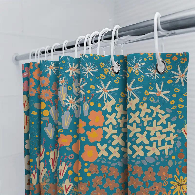 Bright Floral Printed Shower Curtain Waterproof Fabric Decorative Home Bathroom Accessory Modern Blue Orange Flower Design (210X