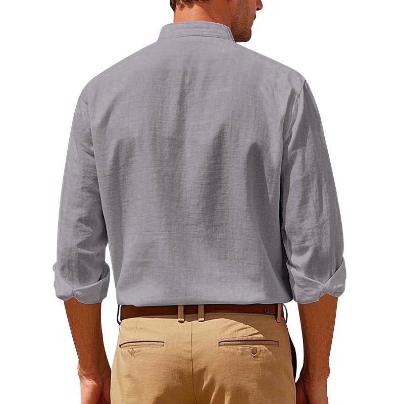 Spring Autumn Fashion Stand Collar Shirt For Men Vintage Solid Color Breathable Linen Tops Mens Clothes Casual Long Sleeve Shirt