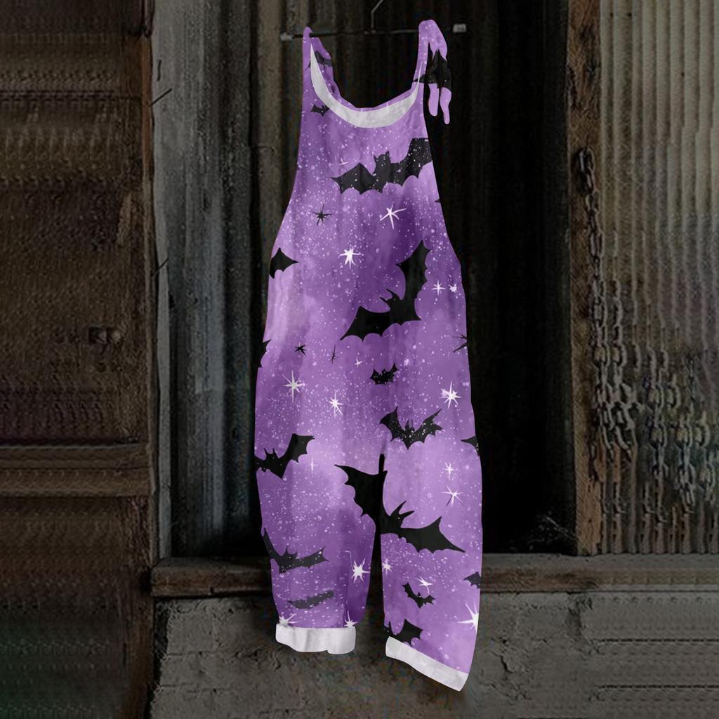 Women's Loose Casual Vintage Style Cotton Linen Overalls with Adjustable Straps and Pockets Halloween Inspired Graphic Print Jumpsuit