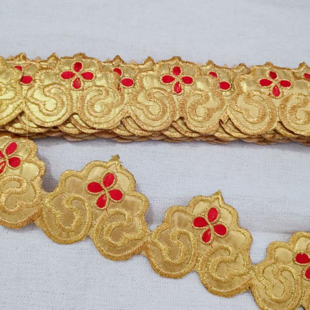Longevity Peach Gold Embroidered Iron-on Applique with Self-Adhesive Long Strip for Skirt Hem or Stage Waistband.