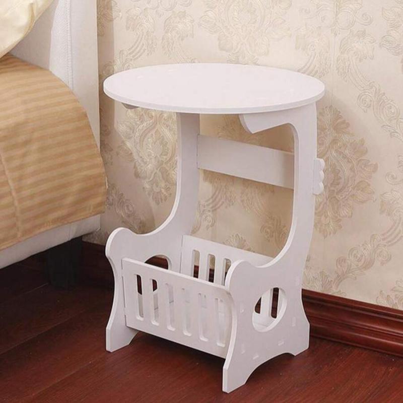 Tavolino Rotondo Bianco in Legno con Mensola Portaoggetti - Elegante Mini Comodino per Soggiorno, Piccolo Tavolino da Caffè Multifunzionale