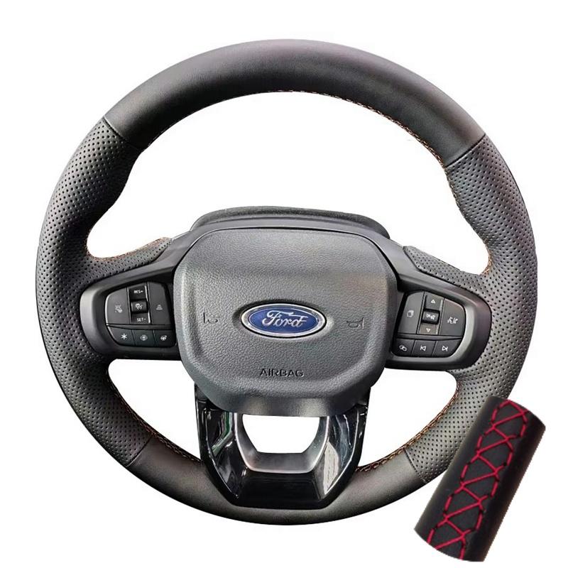 Perforated Leather Cover Hand Sewing Car Steering Wheel Cover Trim Black For Ford Ranger Everest -2024