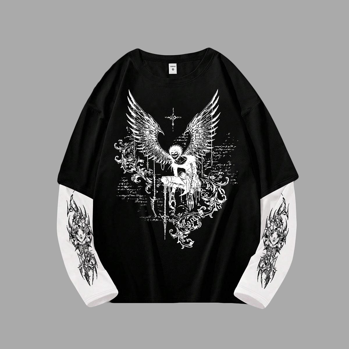 Trends Clothing Heren Y2k Goth Shirt Grafisch Oversized Lange Mouw Ronde Hals T-shirt Streetwear Tops Lente Pasvorm L zwart