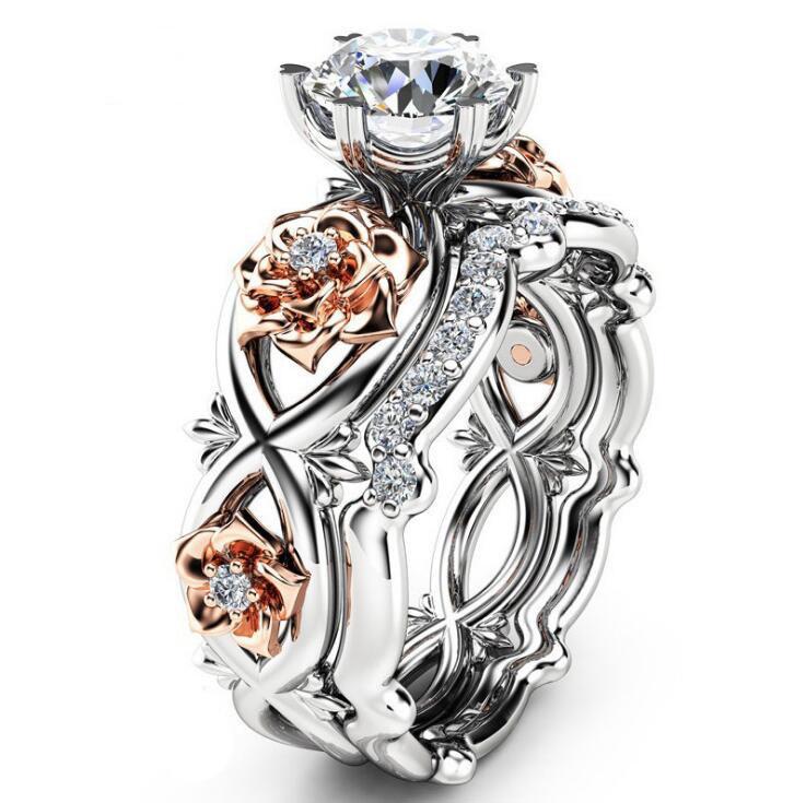 New Arrival Two-Color Rose Flower Crystal Zircon Ring - European  American Fashion Jewelry Size 10