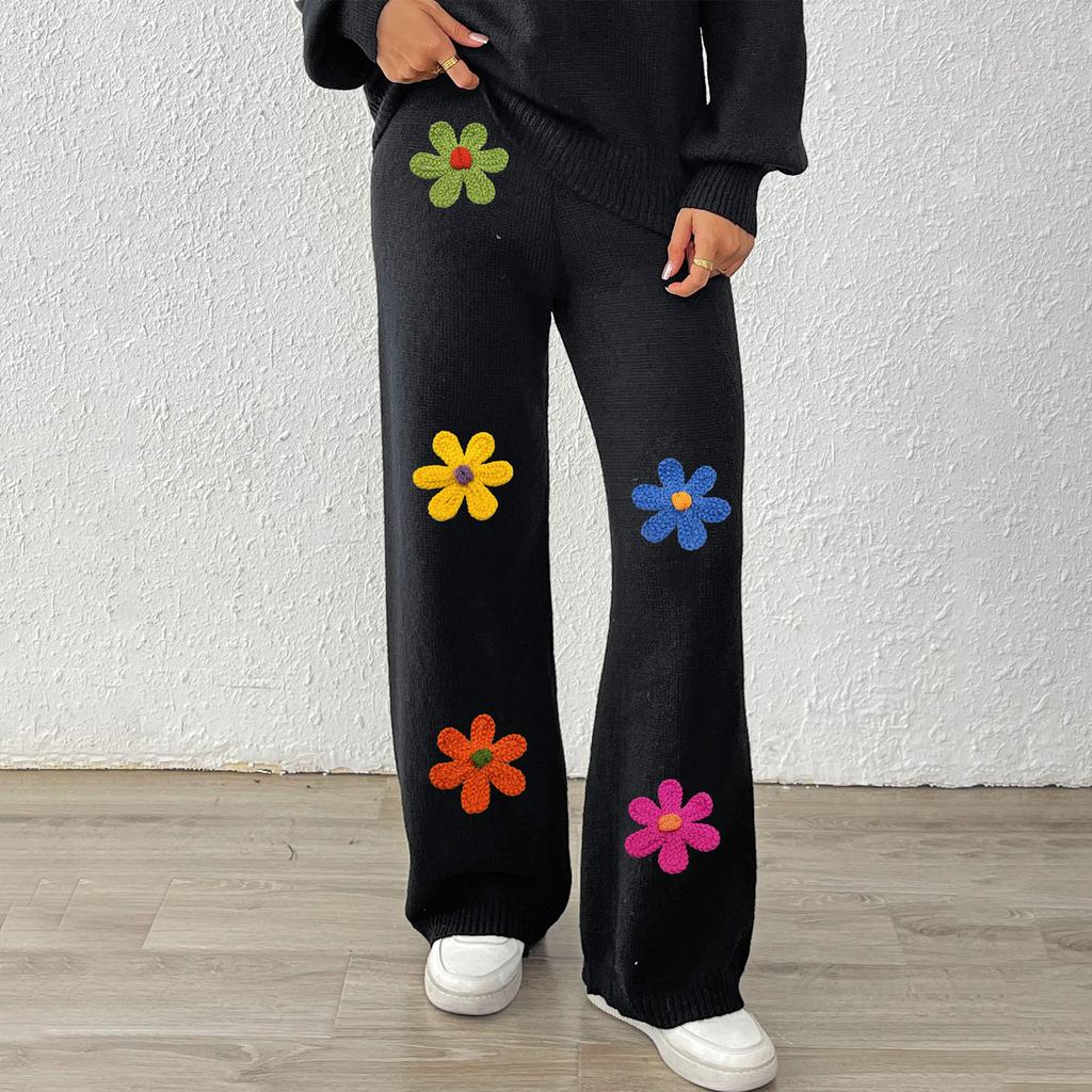 Women's Casual Embroidered Floral Patchwork Fashion Straight Leg Pants Wide Leg Pants Woven Wool Pants