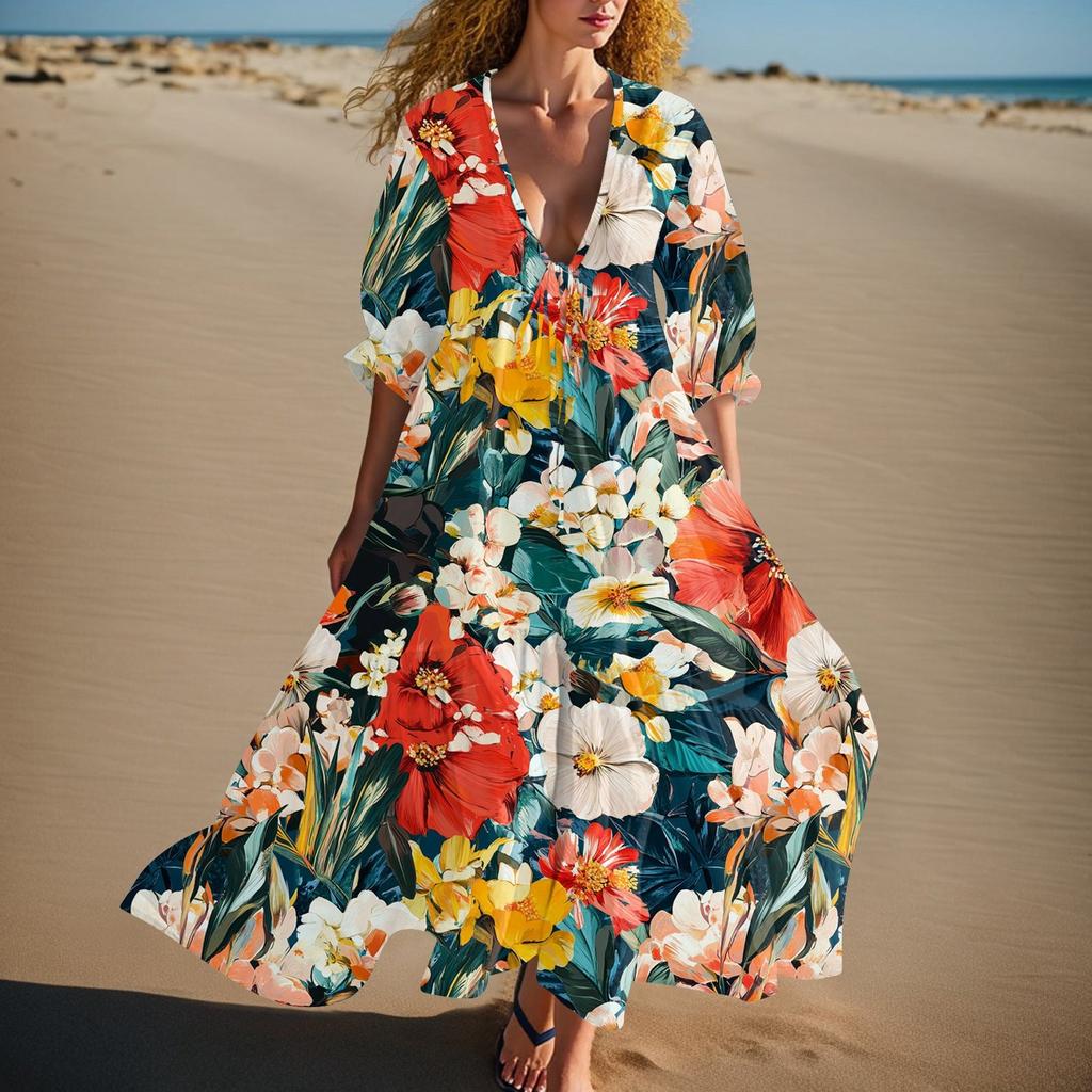 Women's Summer Fashion V-neck Retro Floral Print Short Sleeved Beach Dress With Lace Patchwork Dress