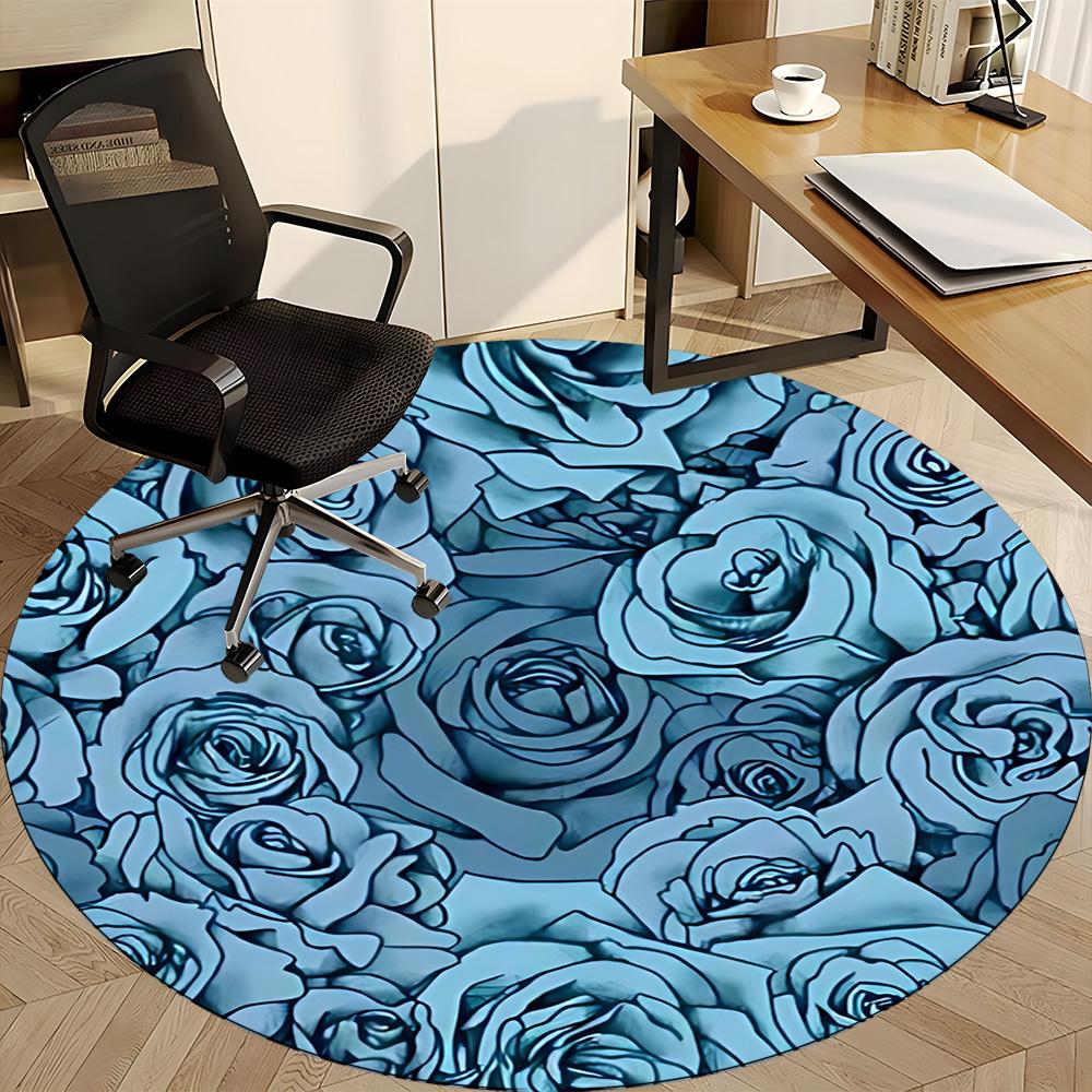 1pc Blue Roses Floral Office Round Area Rug, Indoor Mat Suitable For Office, Under Office Chairs Bedroom Living Room Home Decor, Room Deco