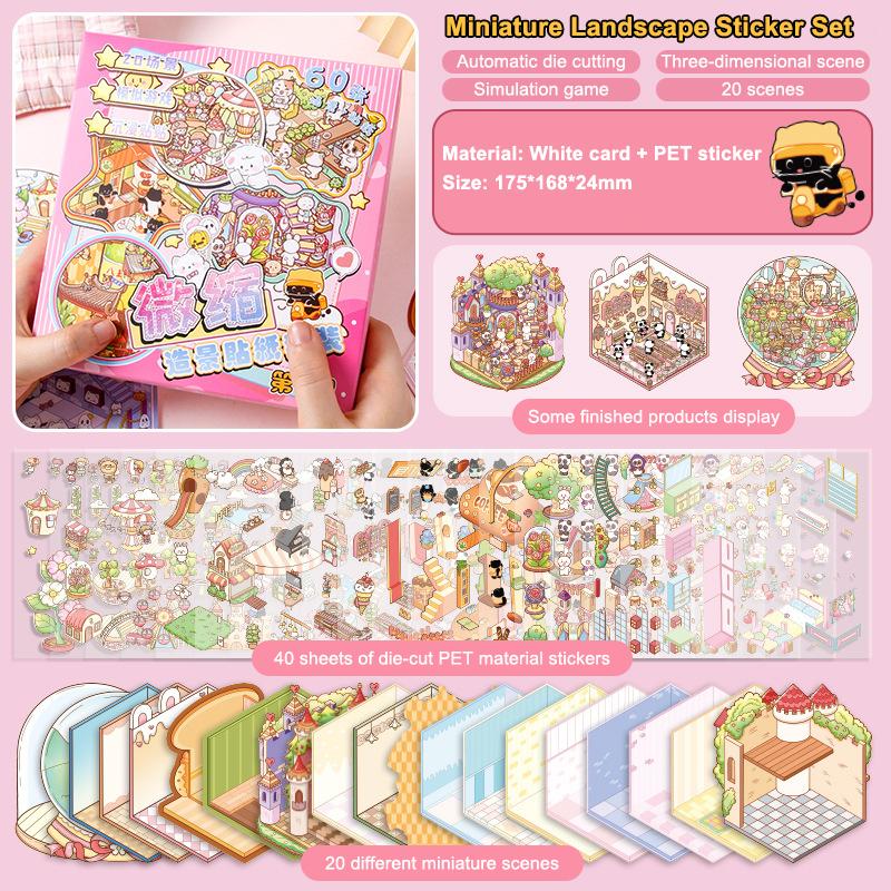 1Set Plus Size Cartoon Scenes Book Landscape Sticker Diy Toy Game Books 3D Sticker Cabin Scene Pocket Festival Birthday Gift