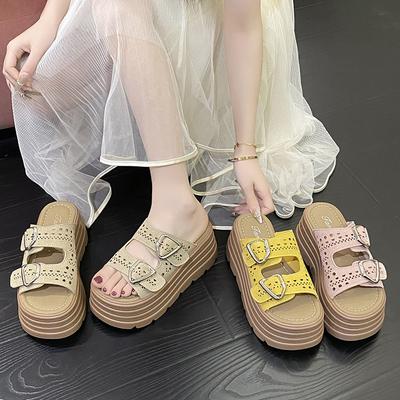 European and American Belt Buckle Hollow Slippers Women's Summer 2025 One-pedal Fashion One-word Drag Casual Beach Women's Shoes Trend