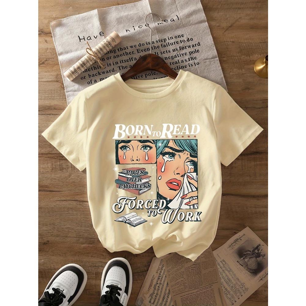 Reading Book Graphic Print T-shirt, Short Sleeve Round Neck Casual Top, Suitable for Summer and Spring, Women's Clothing