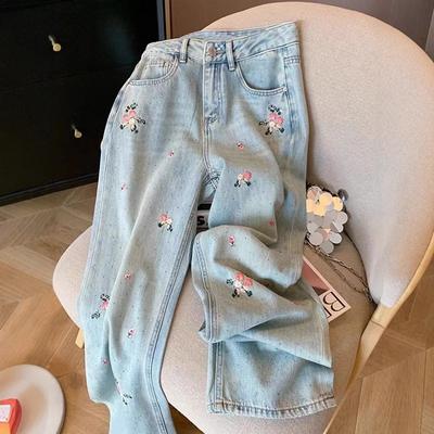 New Chinese Style Flower Embroidery Straight Jeans Women's Spring and Autumn New Design Sense High Waist and Thin Wide Leg Pants Tide