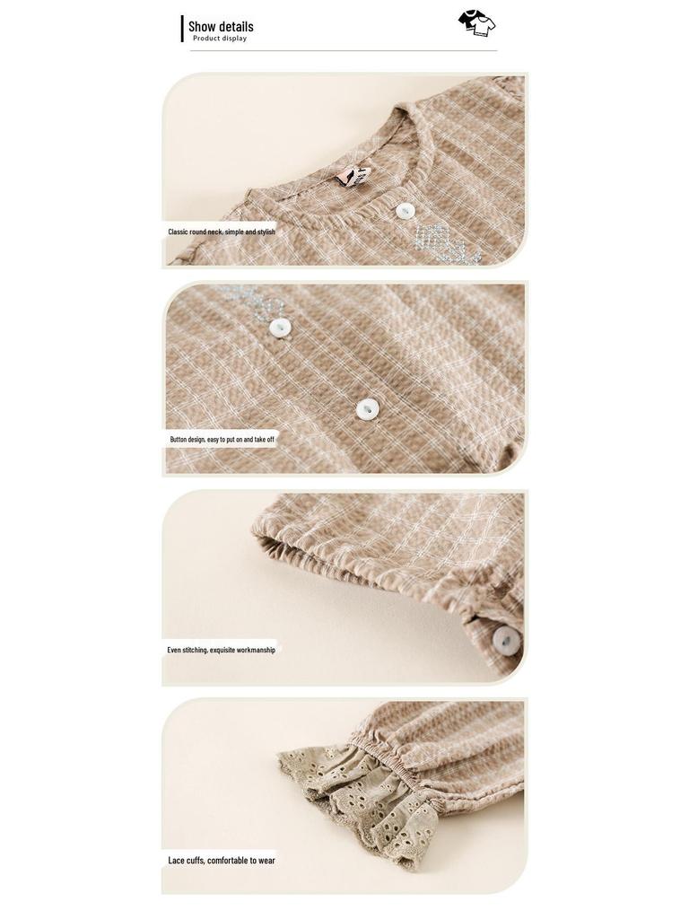 Autumn 2025 Girls' Korean-Style Embroidered Lace Puff Sleeve Top