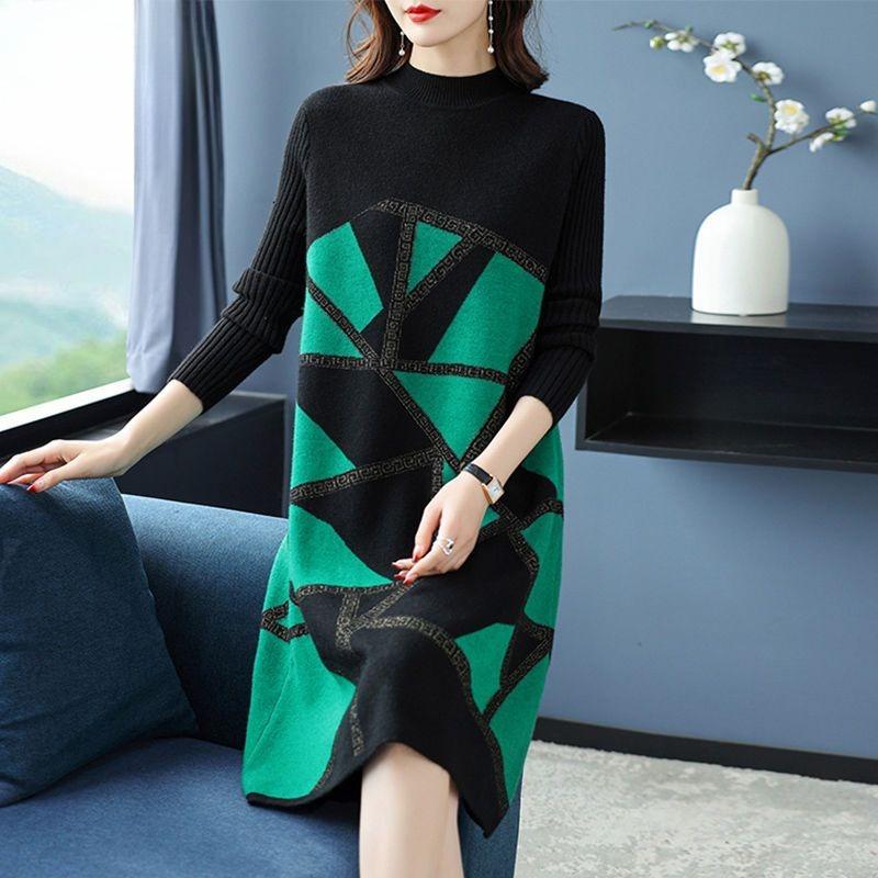 Autumn Winter Women's Plus Size Sweater Dress Loose Pullover Color-Block Knit Midi Dress Thick A-line Sweater Dress
