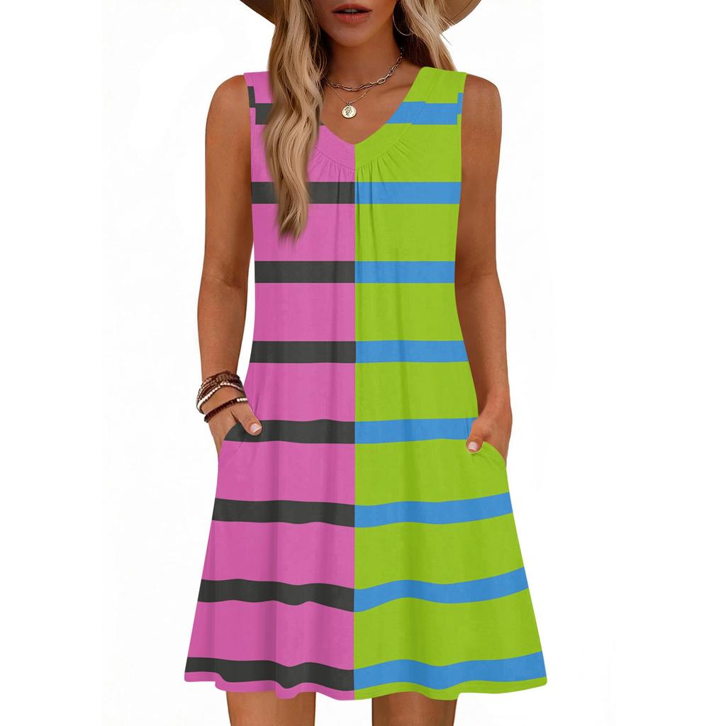 Dámské módní letní tílko bez rukávů s V-výstřihem, s kapsou, ležérní volné šaty