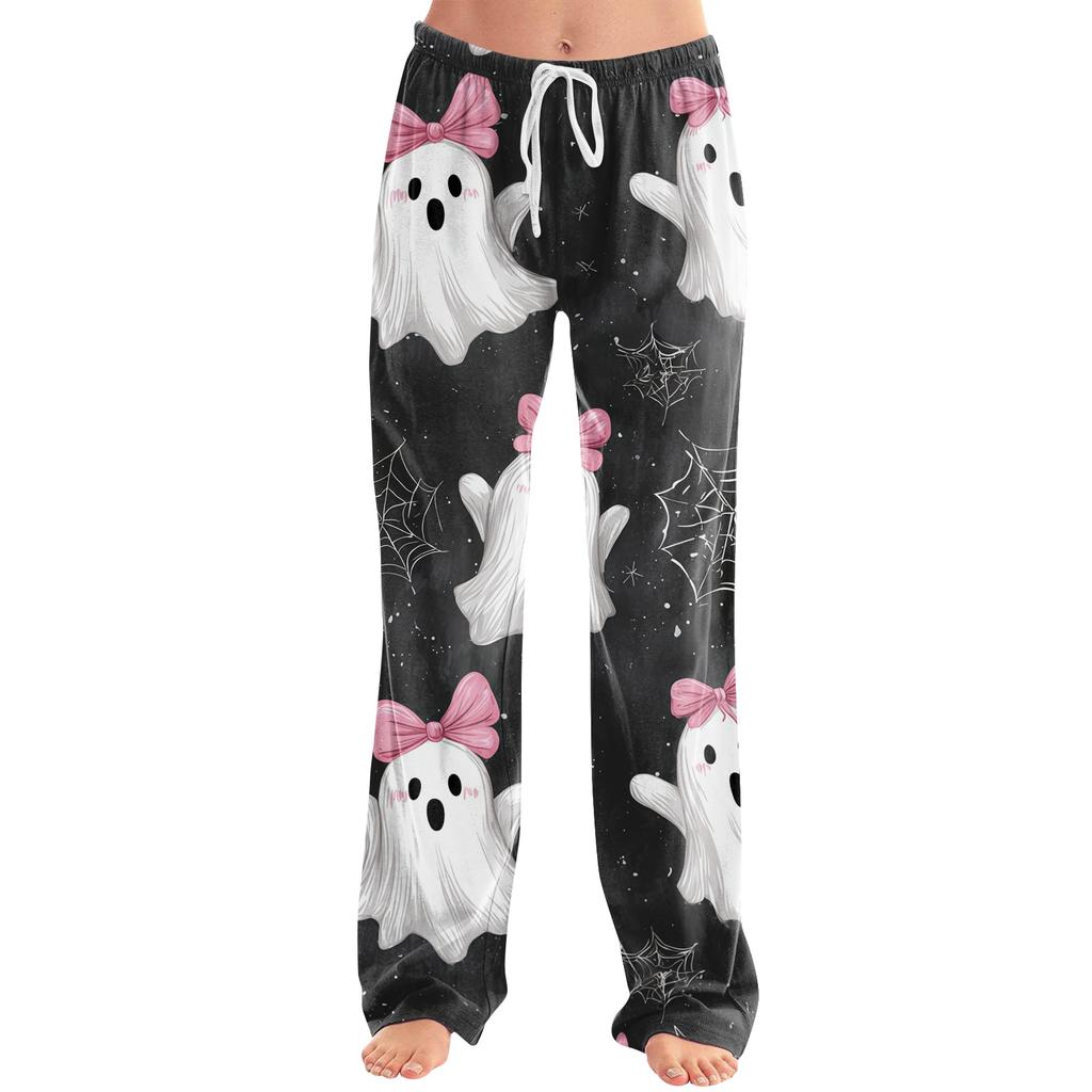 Damen Loungehose mit Kordelzug und Halloween-Print, lässig, volle Länge, entspannte Passform, Schlafanzughose für den Alltag