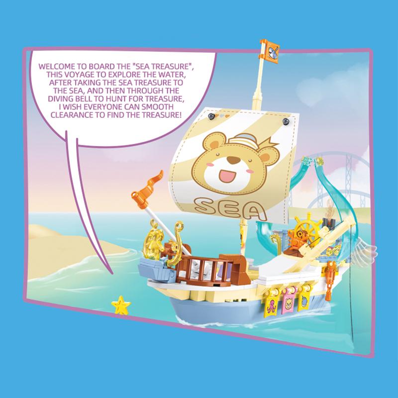 Non-Toxic 287Pcs Treasure Hunt Sailboat At Sea Building Blocks Cute Expedition Ship Assembly Bricks Desktop Ornament Kids Toy Holiday Gift