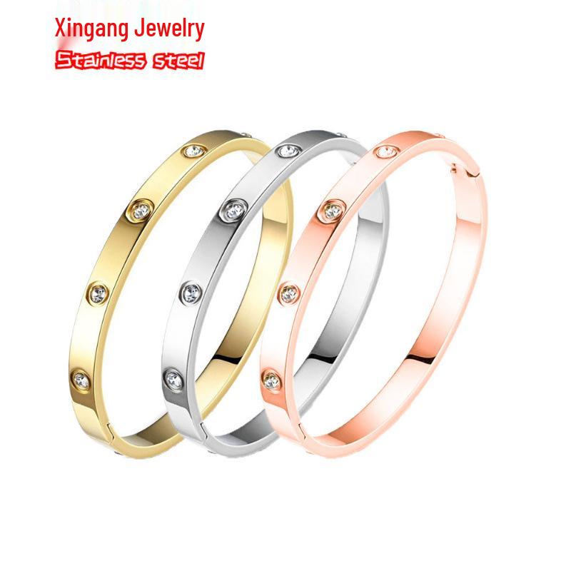 Rose Gold Bamboo Joint Titanium Steel Bangle - Luxurious, Non-fading, Diamond-studded, Waterproof Women's Bracelet.