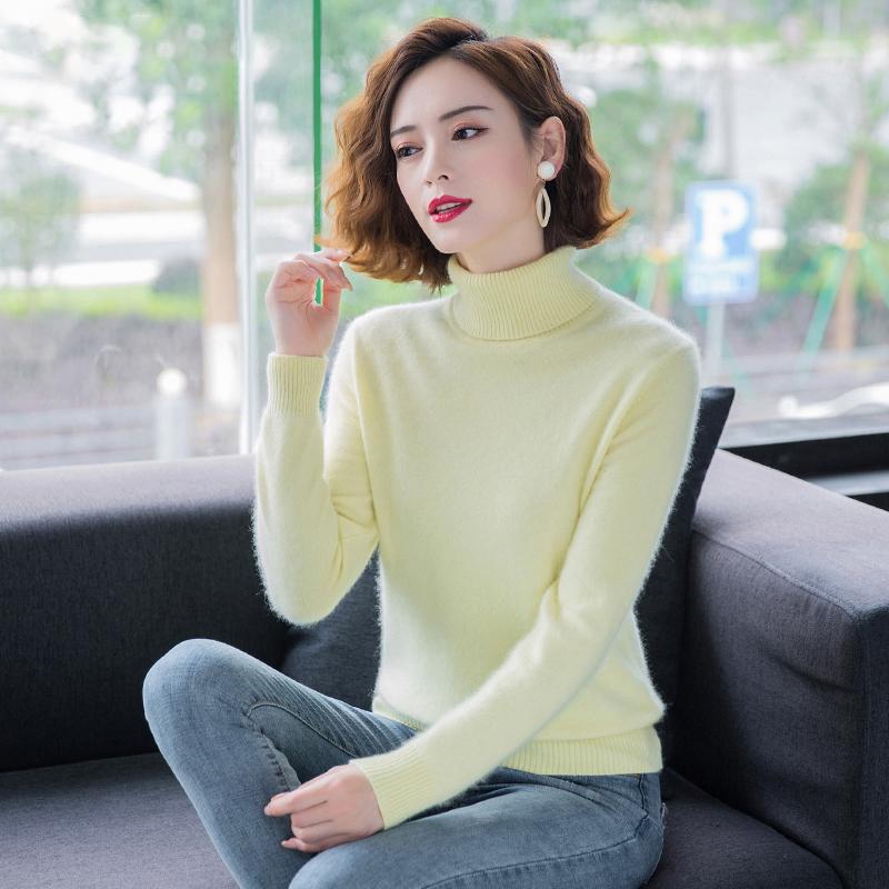 

Осень-зима свободный однотонный свитер с высоким воротом из норки и кашемира женский трикотажный свитер толстый теплый однотонный свитер с высокими лацканами одежда топы XXXL светло-желтого