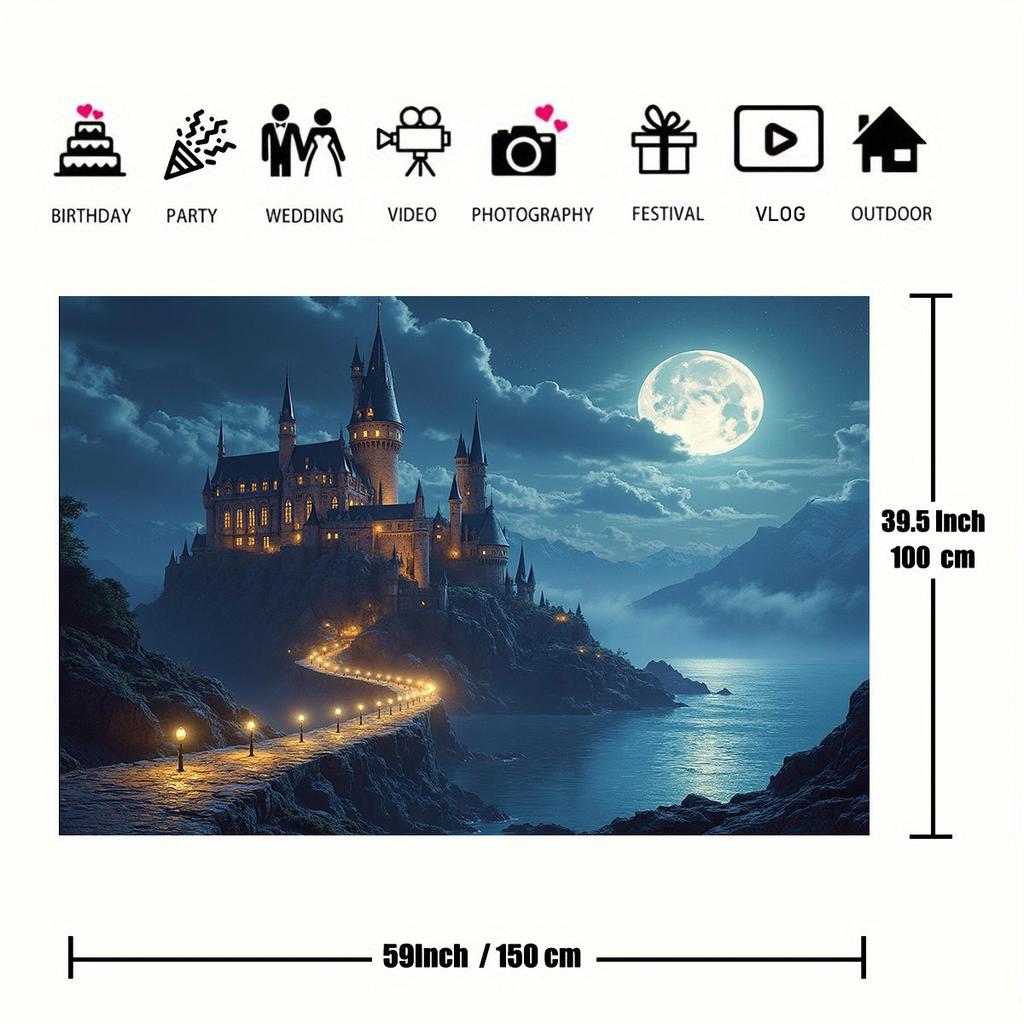 2D 1-piece Moon Castle with Mountain and Night Sky Background Fabric suitable for theme parties weddings and birthdays
