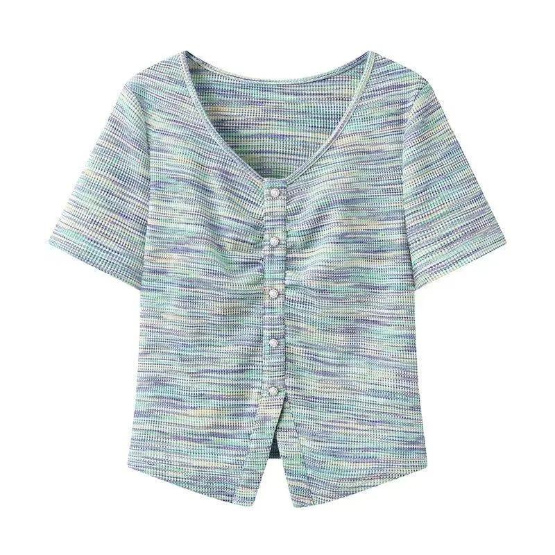 Women s Space Dyed Waffle Knit V Neck Short Sleeve Top M зелёный