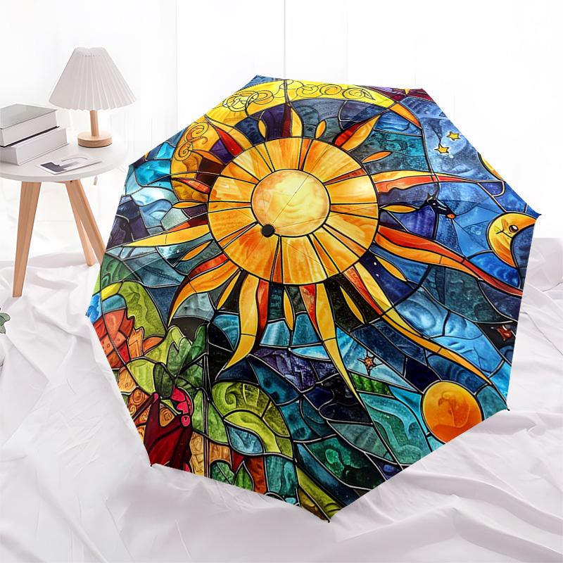 1pc Stained Glass Sun Design Automatic Opening Folding Umbrella with 8-Bone Iron Frame - Portable Outdoor Umbrella for Fans, Travelers, Daily Use, and