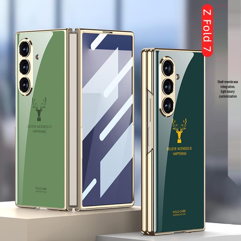 Compatible Samsung Z Fold7 Foldable Phone Case with Painted Glass, HD Film, and Integrated Flip Cover.