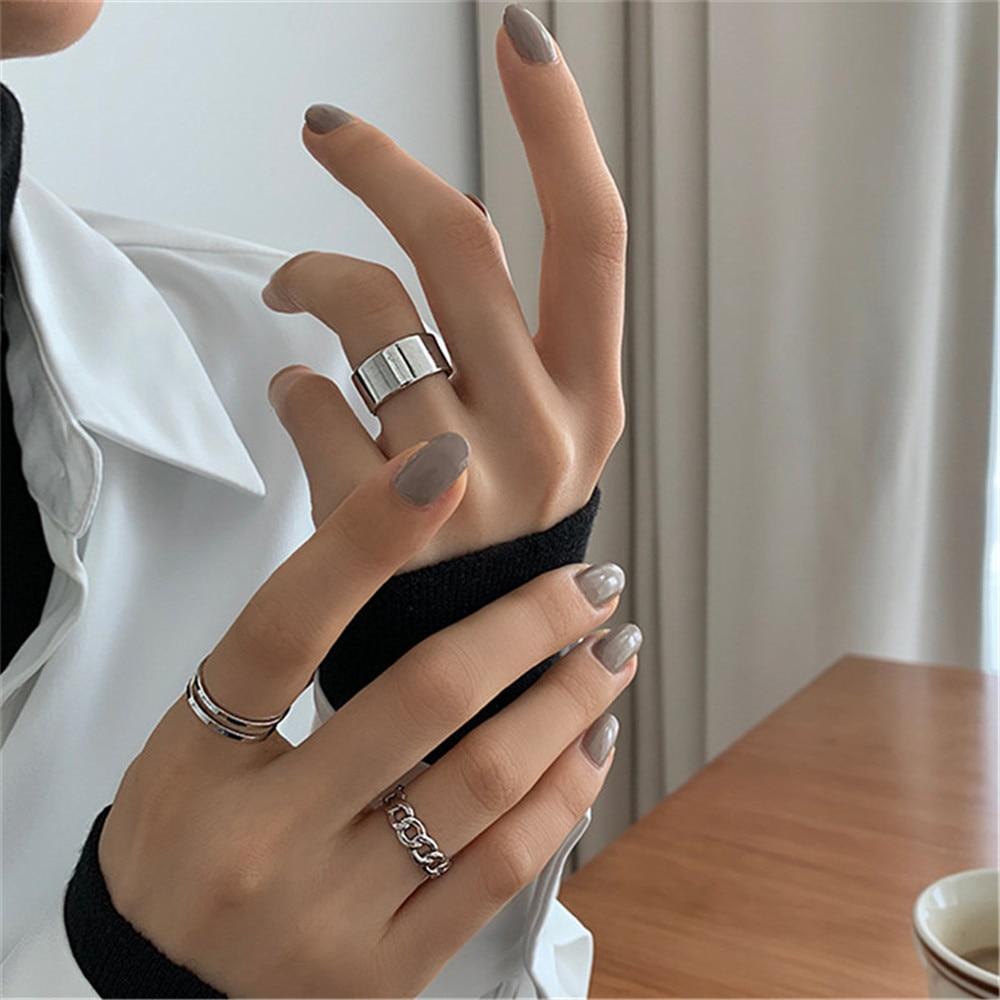 Hip Hop Rock Gold Color Chain Rings Set Girls Punk Geometric Sleek Minimalist Finger Rings Women Trend Jewelry Accessories Celebration Party Event