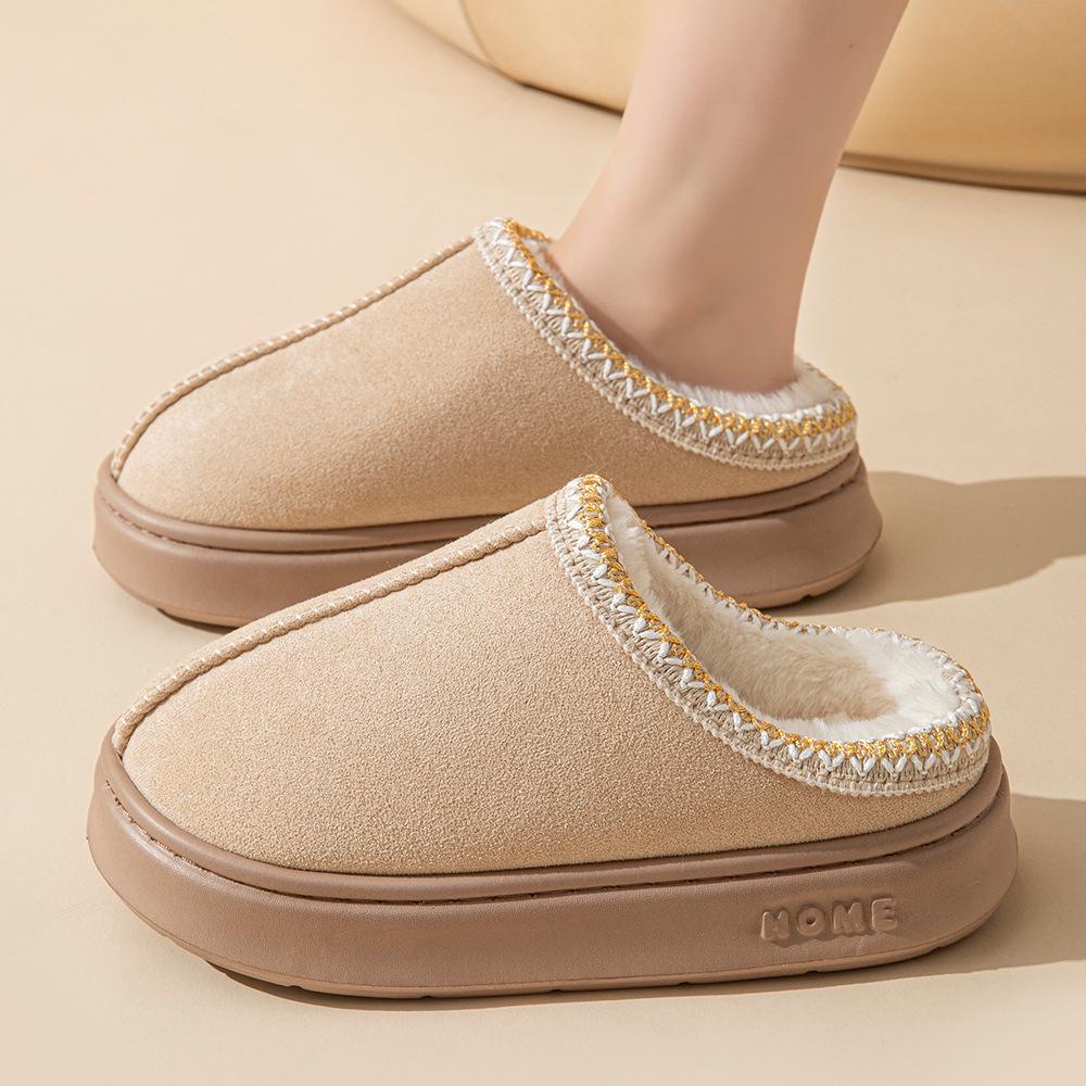 2024 Women's Solid Color Suede Velvet Splice Non-Slip Warm Home Slippers