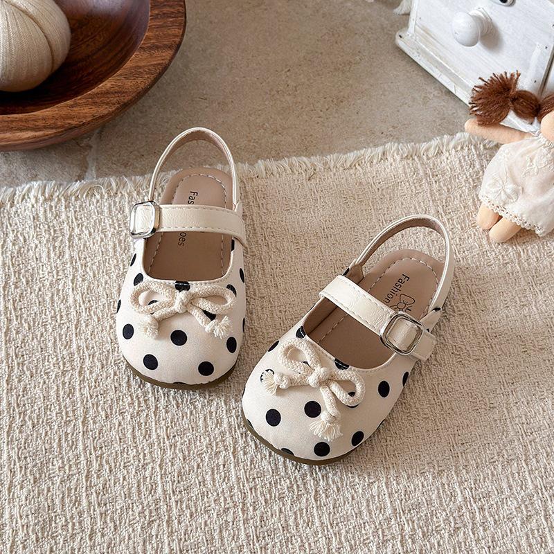 Fairy Style Polka Dot Ballet Sandals for Girls - Trendy Summer Bowknot Closed-Toe Shoes 23 бежевый