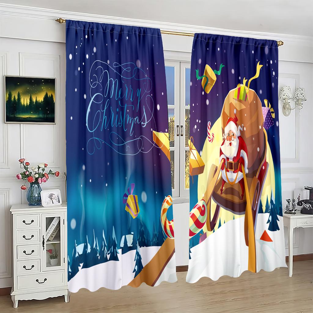 2 pieces - Gift giving Santa Claus Christmas Print curtain - Polyester material - suitable for bedroom, living room, study,