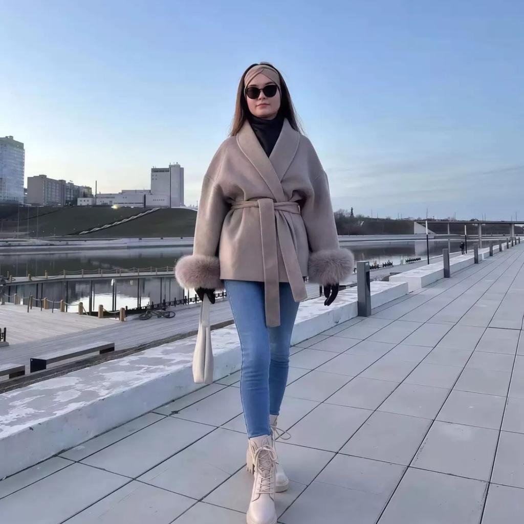 VAYLA Chic Lapel Plush Coat With Belt Women Vintage Solid Faux Fur Sleeve Tweed Open Coats Female Autumn Casual Street Outwear