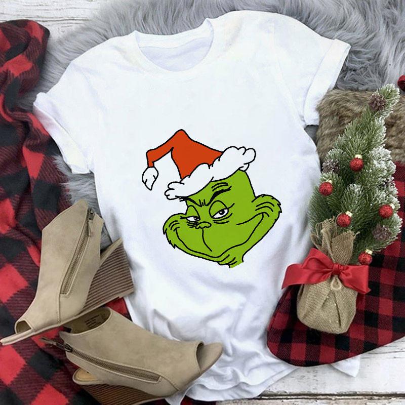 Women's Crew Neck Short Sleeve Graphic Print Christmas T-Shirts Loose Fit Casual Tees