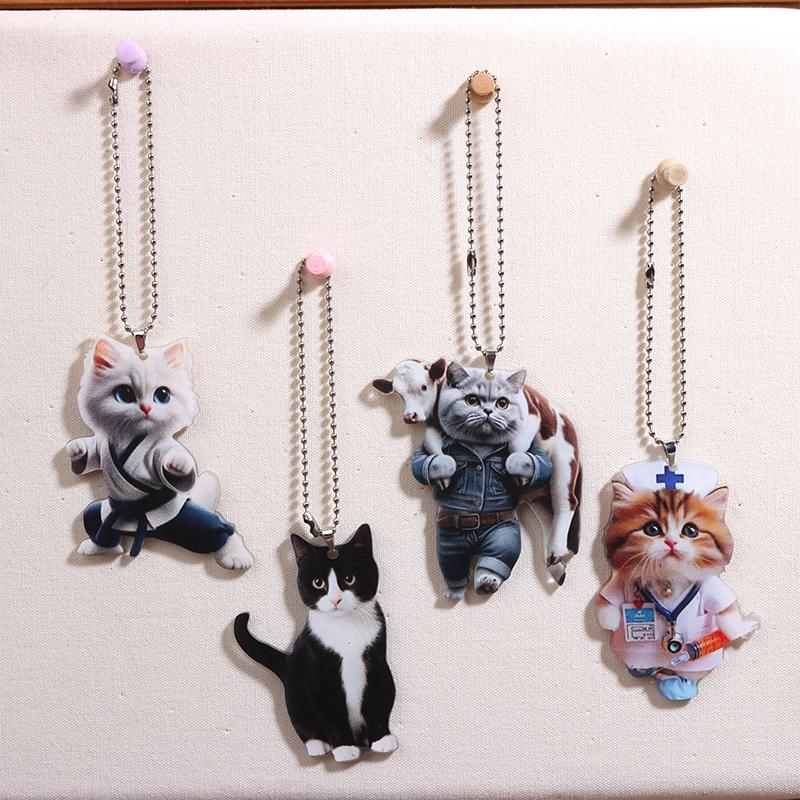 Cartoon 2D Cat Christmas Pendant Cute Animal Acrylic Auto Rearview Mirror Ornament Christmas Ornaments Pendant Decor Gift