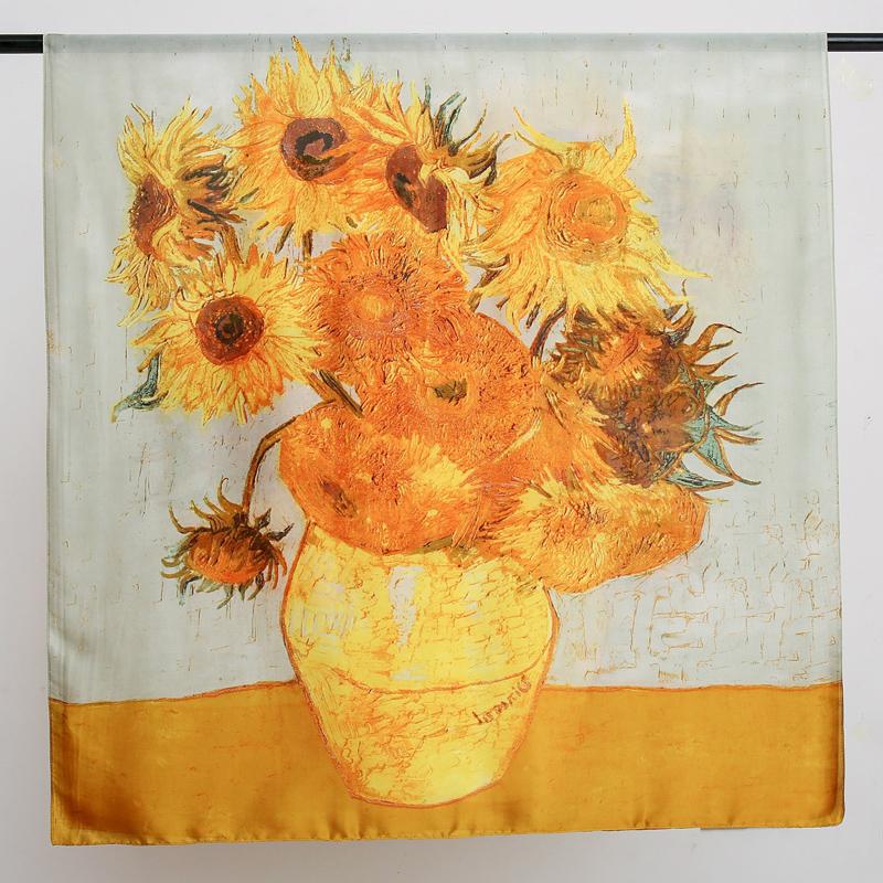 Van Gogh Oil Painting Silk Scarf Women Luxury Brand Sunflower Print Shawl Femme Summer Beach Sunscreen Wraps Long Hijab Foulard
