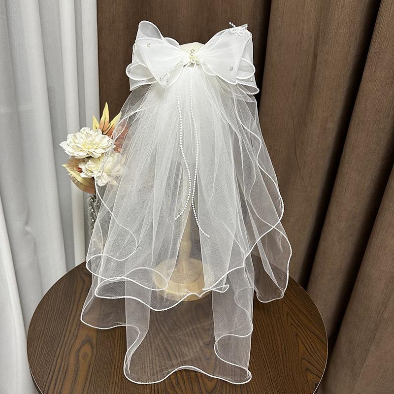 Elegant Double Bow Bridal Veil: Exquisite Lace Headpiece For Your Wedding Veil With Holy White Bow Hairpin For Wedding Headpiece
