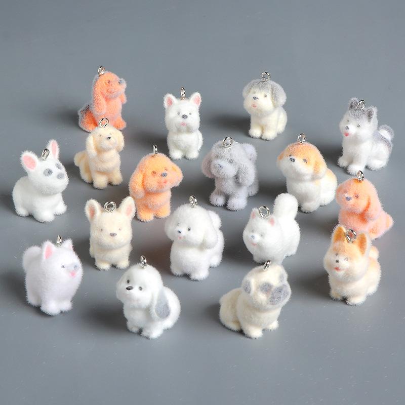 Cute Flocked 3D Dog Resin Figure Animal Statue Keychain Pendant for DIY Crafts Home Desk Decor Kawaii Gift Ideas