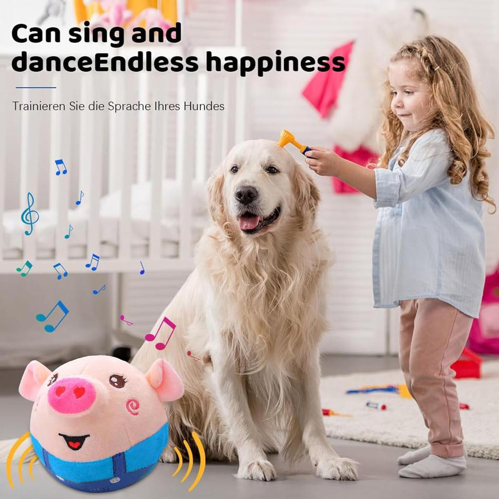 Active Moving Pet Plush Toy, Interactive Dog Pig Toy Pet Bouncing Balls, USB Rechargeable Interactive Washable Cartoon Pig Plush Sound Electronic Dog