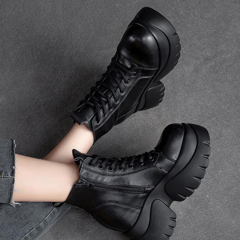 Johnature Pravá kůže Silná podrážka Dámské Kozačky Retro Kulatá špička Boční Zip Klínky Boty na platformě