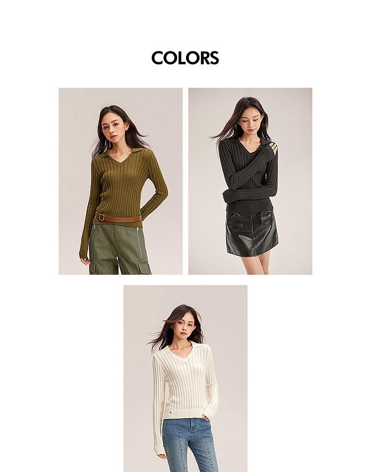 Women's Spring Pit Stripe Design Pullover and Base Top with Long Sleeved Knitted Sweater and Collar