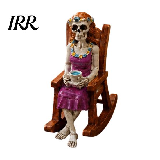 Collectible Skeleton Shelf Sitter Halloween Figurine, Resin Sitting On Rocking Chair Statue, Drinking Funny Dark Holiday Figurines Coffee Crocheting