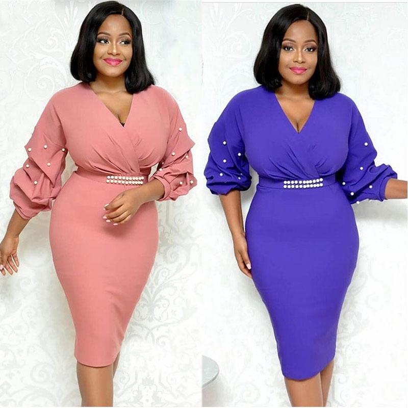 Elegant Women's Fashion Autumn And Winter Long Sleeved Pleated V-neck Bead Sexy Dress