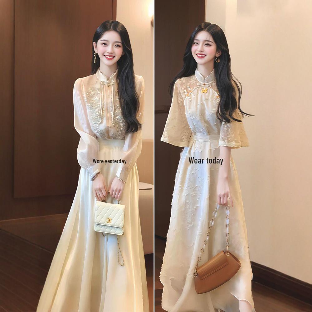 2025 Modernes Cheongsam-Kleid im chinesischen Stil mit Jacquardmuster, Übergröße, Sommerausgabe - Damen-Langkleid mit Taillenraffung