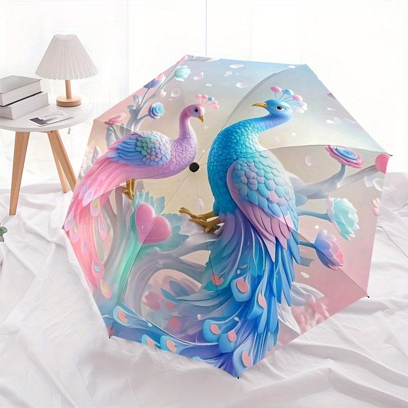 

1pc Pastel Peacocks in a Romantic Garden Automatic 3-Fold Umbrella Design, Cute Cartoon Pattern, Portable Outdoor Umbrella, Perfect, Holiday Gift