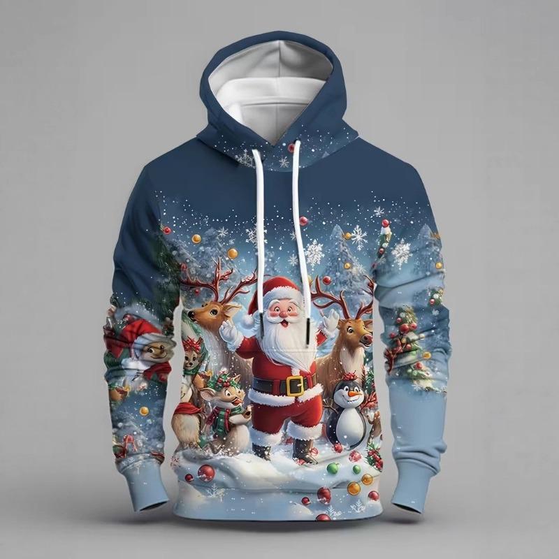 Módní pánská vánoční mikina s kapucí a stahovací šňůrkou z polyesterové tkaniny pro sváteční nošení s dlouhým rukávem a 3D potiskem